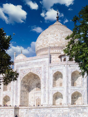 Close up view of the Taj Mahal mausoleum in Agra, India