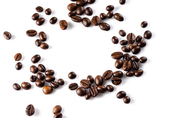 Fragrant roasted coffee beans on a white background