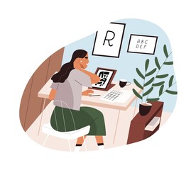 Lettering and calligraphy artist at work. Type designer creating typography design, drawing handwriting font at desk. Creative woman at workplace. Flat vector illustration isolated on white background