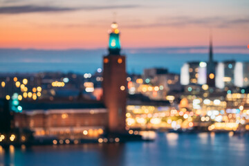 Stockholm, Sweden. Night Skyline Abstract Boke Bokeh Background. Design Backdrop. Tower Of...