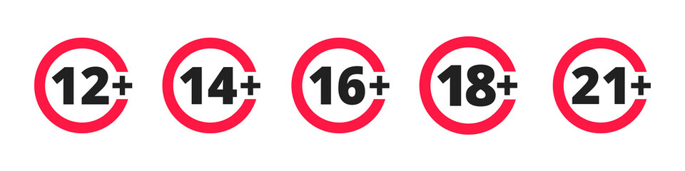Adults content only age restriction 12, 14, 16, 18, 21 plus years old icon signs set flat style design vector illustration. Sensitive content age plus and adults only concept symbols.