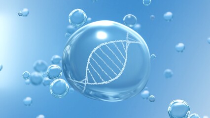 Clean transparent water drop and revolving DNA Helix on blue bubble background. 3D illustration concept for medical healthcare, social freezing, covid-19 vaccine, femtech and artificial fertilization.