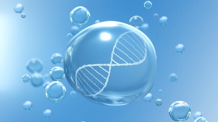 Clean transparent water drop and revolving DNA Helix on blue bubble background. 3D illustration concept for medical healthcare, social freezing, covid-19 vaccine, femtech and artificial fertilization.