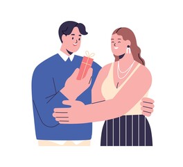 Love couple with gift box. Happy man giving present to beloved woman for Valentines day. Girlfriend receiving holiday surprise from boyfriend. Flat vector illustration isolated on white background