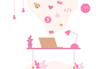 Web landing page template of working in office, co-working space. Freelance, remotely worker, self-employment, online study, online career on computer or laptop at home. Vector digital marketing.	
