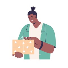Black man holding gift box in hands. Happy smiling guy with present pack. African-American person with holiday surprise in wrapping with bow. Flat vector illustration isolated on white background