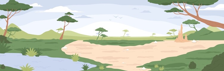 Wild savannah landscape. Savanna background, wild African nature with acacia trees, grass, sand and water. Africa scenery panorama. Kenya national park, panoramic view. Flat vector illustration