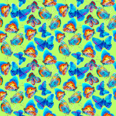 Seamless texture with butterflies. A repeating watercolor drawing of moths.A lot of flying insects. Colorful wings. Summer and spring.Scrapbooking paper. Printing on fabric.
