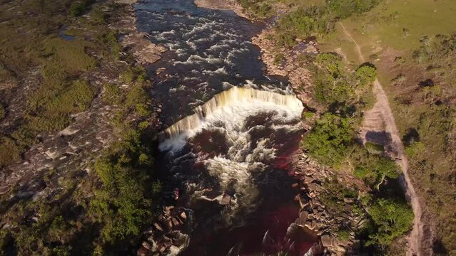 Aerial shot of the Yuruani waterfall, located in the Gran Sabana in Venezuela