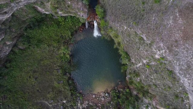 Overhead aerial shot of the site known as El Oasis, located in the Gran Sabana in Venezuela