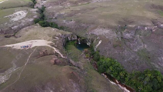 General aerial shot of the site known as El Oasis, located in the Gran Sabana in Venezuela