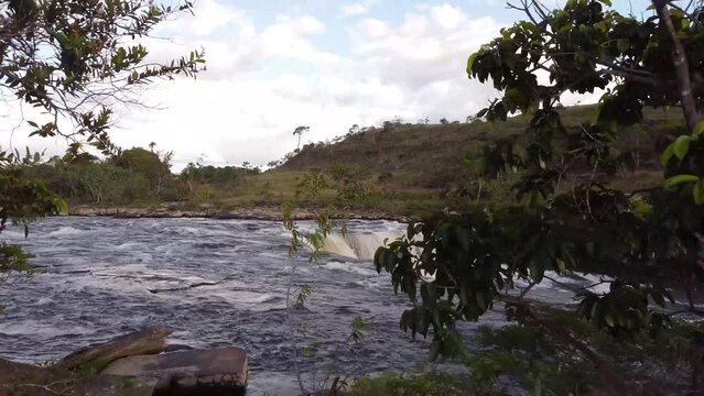 Aerial shot of the Cortinas de Yuruani, a waterfall located in the Gran Sabana in Venezuela