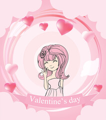 Pink-haired girl smiles sweetly to greet the day of love.valentines day,heart and cloud