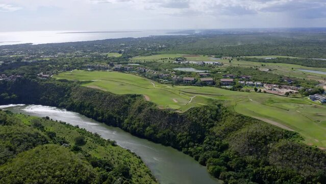 Chavon river and Dye Fore golf course in Dominican Republic. Aerial panoramic view