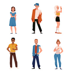 Obraz premium Young people get vaccinated for Covid, cartoon vector character set. Diverse male and female have bandage on their arm.