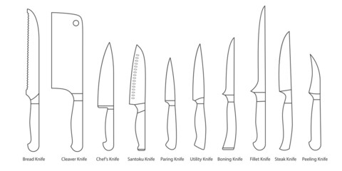 Collection of kitchen knives. Vector illustration isolated illustration on white background