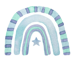 Watercolor nursery blue rainbow in scandinavian boho style for baby boy.