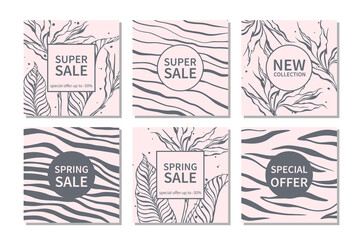 Spring sale. Set of sale banner template for social networks with abstraction and botany. Vector illustration.
