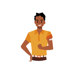 Black man vaccinated for COVID show his bicep with bandage on it. Man after vaccine shot, face cartoon illustration