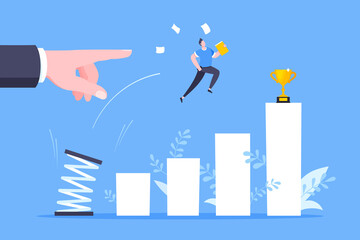 Business mentor helps to improve career with springboard vector illustration. Business person jumps above career ladder graph. Success growth, motivation opportunity, boost career concept.