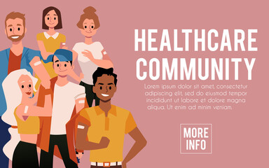 Healthcare community website with vaccinated people flat vector illustration. - obrazy, fototapety, plakaty