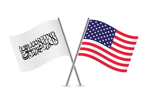 Afghanistan and America flags. Afghanistan in the power of the Taliban and American flags. Islamic Emirate of Afghanistan and USA flags isolated on white background. Vector illustration. 