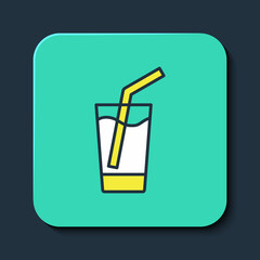 Filled outline Glass with water icon isolated on blue background. Soda glass. Turquoise square button. Vector