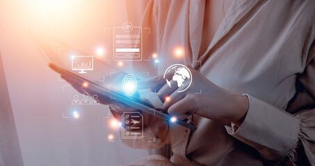 futuristic digital processing of biometric identification fingerprint scanner for access personal financial data. surveillance and security scanning of digital programs cyber futuristic applications