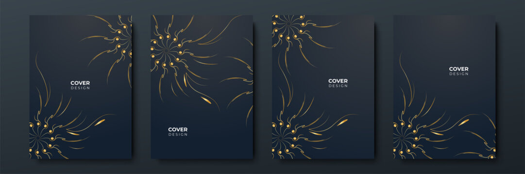 Elegant luxury black and gold cover design background with abstract lines. Modern black stripe cover design set. Luxury creative gold dynamic diagonal line pattern for business, invitation, wedding