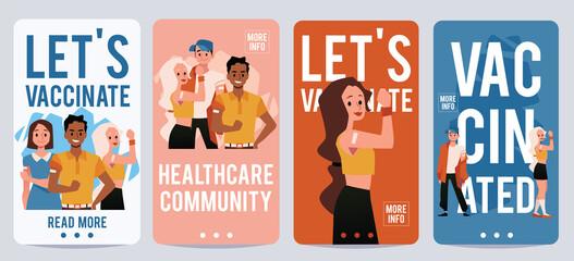 Let's vaccinate healthcare campaign vector poster. Diverse vaccinated young people show bandage on arm. - obrazy, fototapety, plakaty
