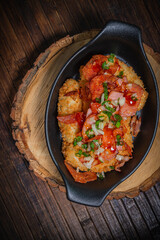 Meat stew with baked potatoes- hunter style. Fastfood- restaurant concept