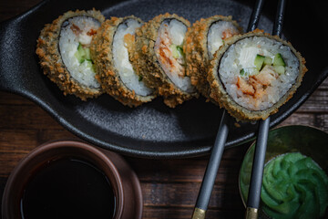 Sushi- delicious asian. Fast food. Hashtag- restaurant concept