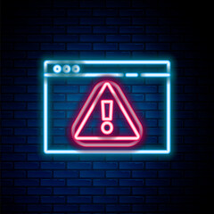 Glowing neon line Browser with exclamation mark icon isolated on brick wall background. Alert message smartphone notification. Colorful outline concept. Vector