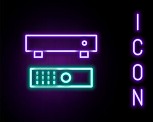 Glowing neon line Multimedia and TV box receiver and player with remote controller icon isolated on black background. Colorful outline concept. Vector