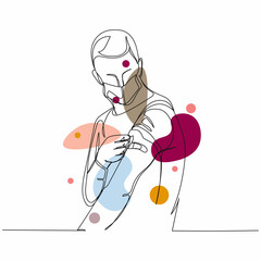 Continuous one simple single abstract line drawing of guy man male vaccination in silhouette on a white background. Linear stylized.