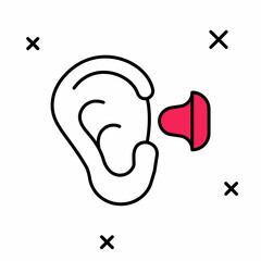 Filled outline Earplugs and ear icon isolated on white background. Ear plug sign. Noise symbol. Sleeping quality concept. Vector