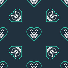 Naklejka na ściany i meble Line Heart with cat icon isolated seamless pattern on black background. Love to the animals. Vector