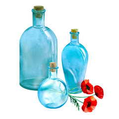 Composition of empty transparent glass bottles with bouquet of flowers