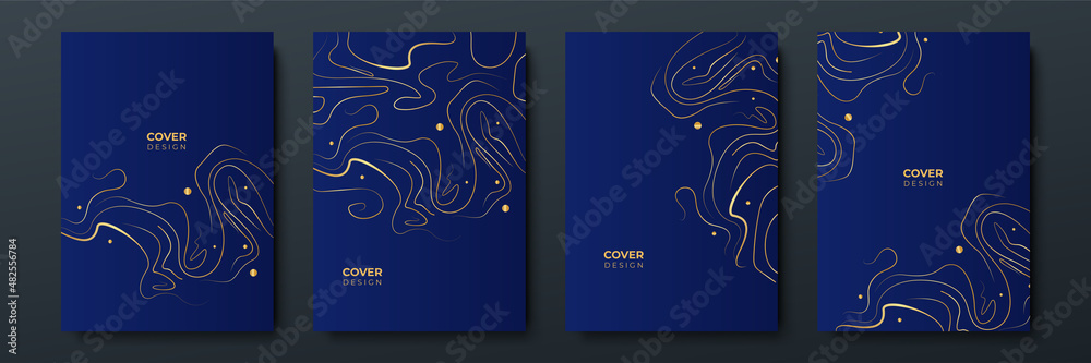 Poster modern blue and gold cover frame design set. luxury wave pattern with golden line. vector collection