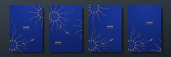 Modern blue and gold cover frame design set. Luxury wave pattern with golden line. Vector collection background. Background for cover, business background, brochure, invitation, wedding, business card