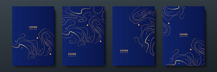 Modern blue and gold cover frame design set. Luxury wave pattern with golden line. Vector collection background. Background for cover, business background, brochure, invitation, wedding, business card