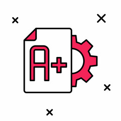 Filled outline Exam sheet with A plus grade icon isolated on white background. Test paper, exam, or survey concept. School test or exam. Vector