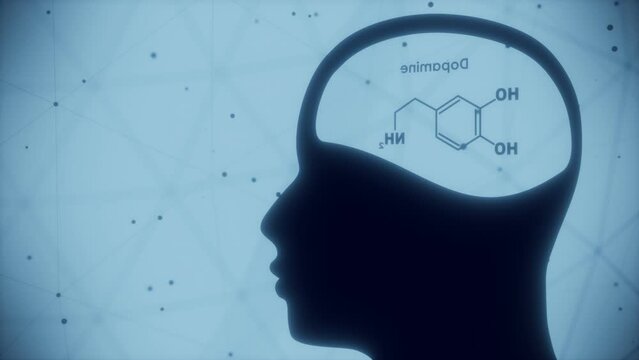 Formula of hormone dopamine in human head. Connected lines with dots background.