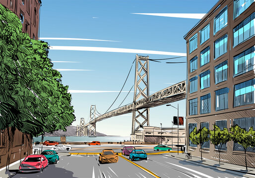 San Francisco city hand drawn. Oakland Bay Bridge sketch, vector illustration