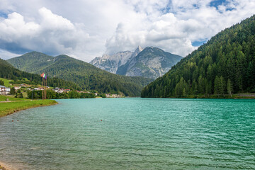 Auronzo or Santa Caterina Lake (Lago di Auronzo) and Carnic Alps with the peaks called Crissin,...