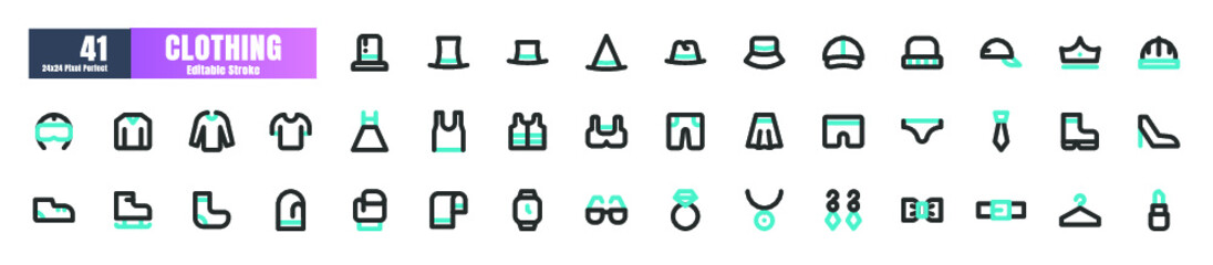 24x24 Pixel Perfect. Basic Clothing Fashion Set. Line Outline Icons. For App, Web, Print. Round Cap and Round Corner. Ready to use and Easy to Customize. Editable Storke.