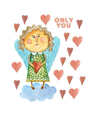 Postcard for valentine's day. Watercolor illustration isolated on white background. Cupid surrounded by hearts. Only for you.