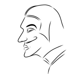 Profile of a man with a mustache on a white background, simple drawing.