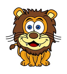 Cute sitting lion with blue eyes on a white background