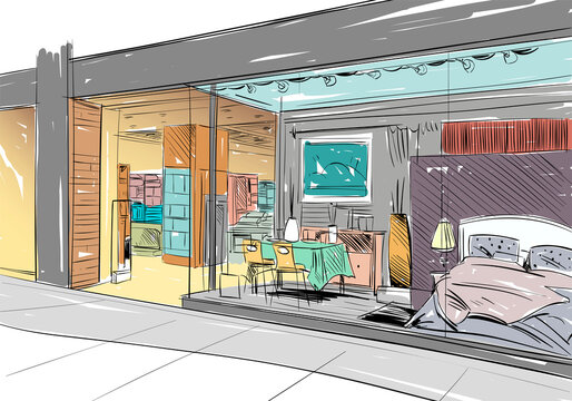 Fashion store home comfort hand drawn sketch interior design. Vector illustration